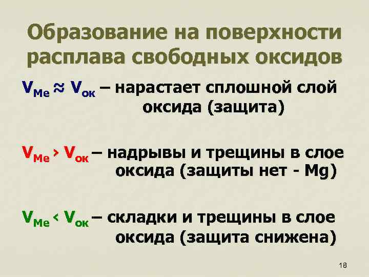 Образование на поверхности расплава свободных оксидов VMe ≈ Vок – нарастает сплошной слой оксида