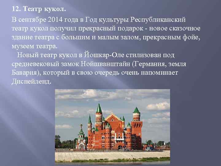 12. Театр кукол. В сентябре 2014 года в Год культуры Республиканский театр кукол получил