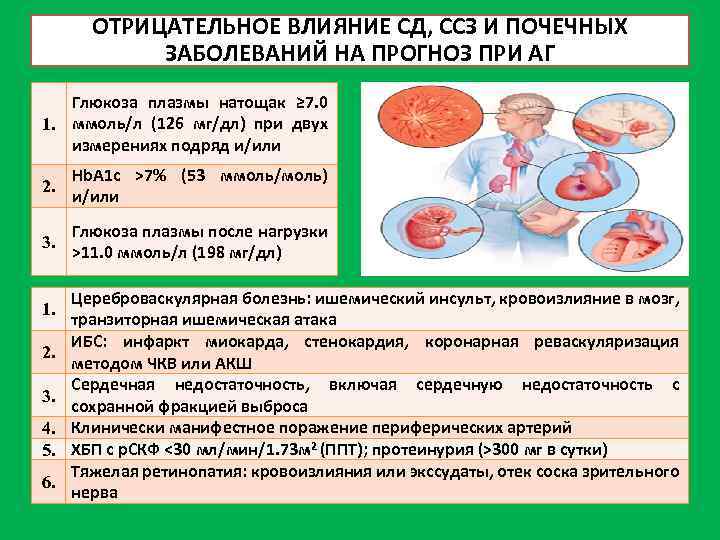 ОТРИЦАТЕЛЬНОЕ ВЛИЯНИЕ СД, ССЗ И ПОЧЕЧНЫХ ЗАБОЛЕВАНИЙ НА ПРОГНОЗ ПРИ АГ Глюкоза плазмы натощак