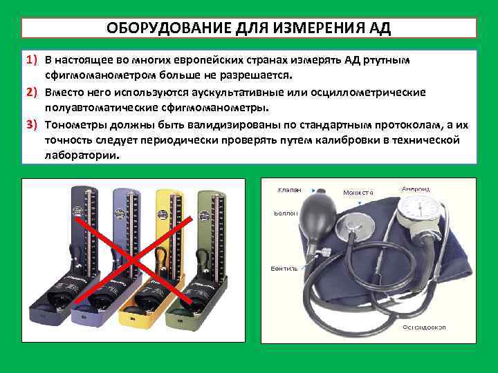 ОБОРУДОВАНИЕ ДЛЯ ИЗМЕРЕНИЯ АД 1) В настоящее во многих европейских странах измерять АД ртутным