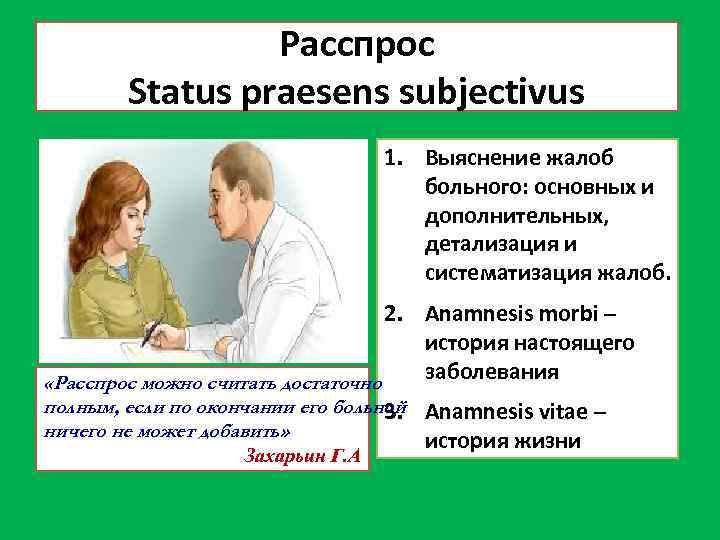 Расспрос Status praesens subjectivus 1. Выяснение жалоб больного: основных и дополнительных, детализация и систематизация