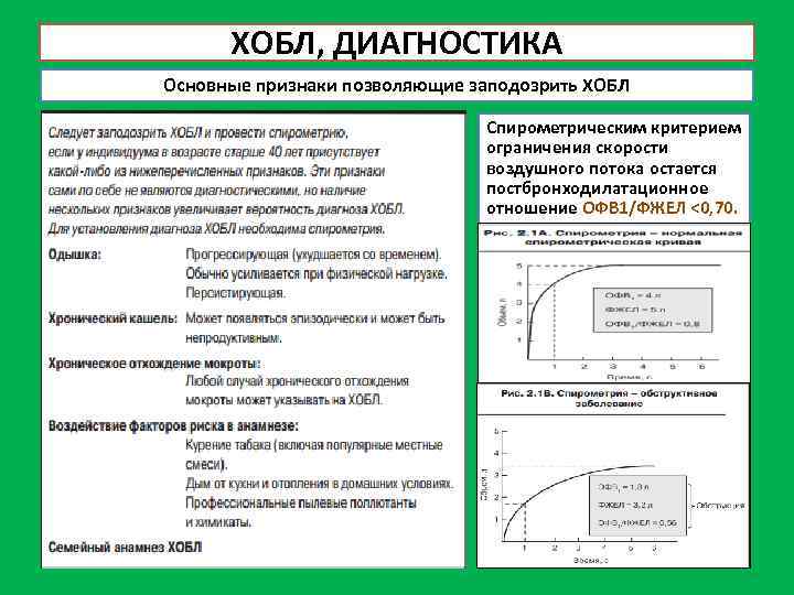 ХОБЛ, ДИАГНОСТИКА Основные признаки позволяющие заподозрить ХОБЛ Спирометрическим критерием ограничения скорости воздушного потока остается