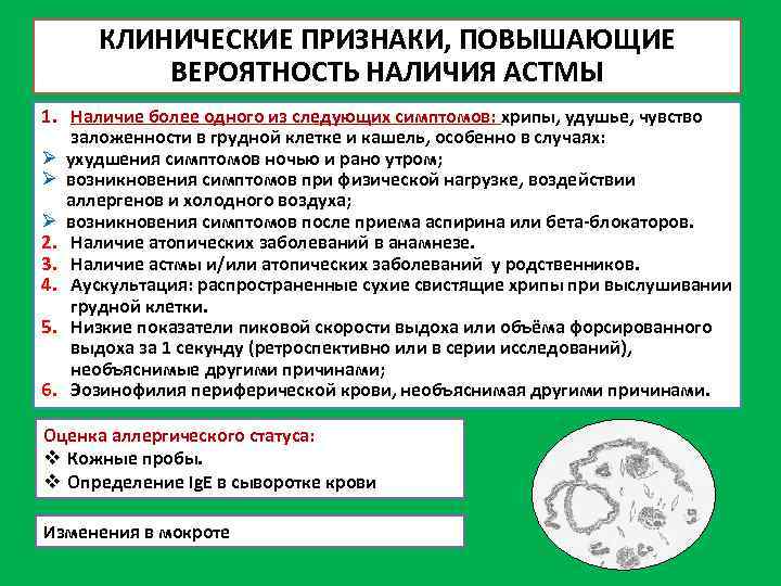 КЛИНИЧЕСКИЕ ПРИЗНАКИ, ПОВЫШАЮЩИЕ ВЕРОЯТНОСТЬ НАЛИЧИЯ АСТМЫ 1. Наличие более одного из следующих симптомов: хрипы,