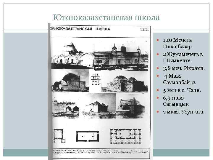 Южноказахстанская школа 1, 10 Мечеть Ишанбазар. 2 Жумамечеть в Шымкенте. 3, 8 меч. Икрама.