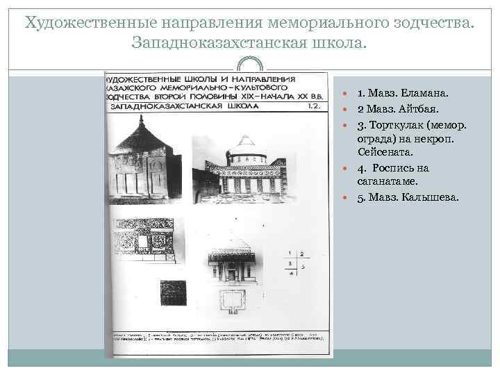 Художественные направления мемориального зодчества. Западноказахстанская школа. 1. Мавз. Еламана. 2 Мавз. Айтбая. 3. Торткулак