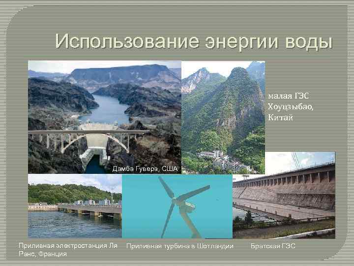 Использование энергии воды малая ГЭС Хоуцзыбао, Китай Дамба Гувера, США Приливная электростанция Ля Ранс,