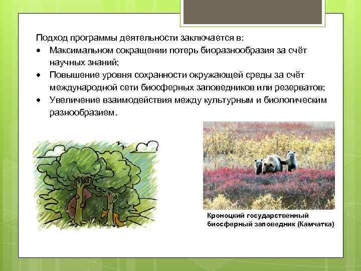 Подход программы деятельности заключается в: Максимальном сокращении потерь биоразнообразия за счёт научных знаний; Повышение