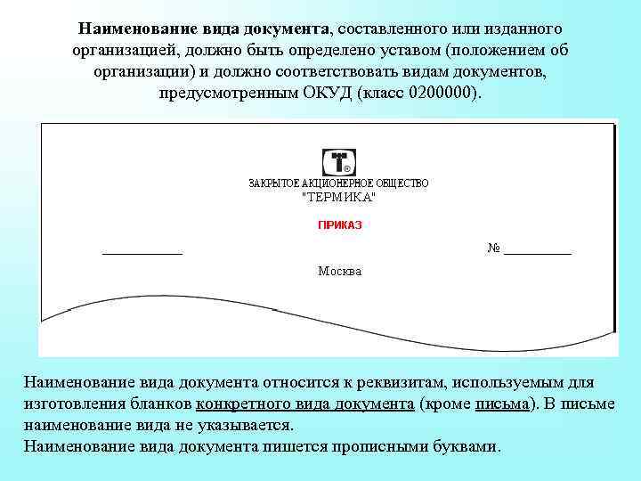 Наименование вида документа, составленного или изданного организацией, должно быть определено уставом (положением об организации)