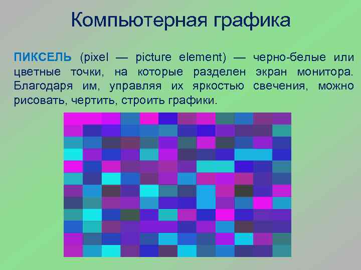 Компьютерная графика ПИКСЕЛЬ (pixel — picture element) — черно-белые или цветные точки, на которые
