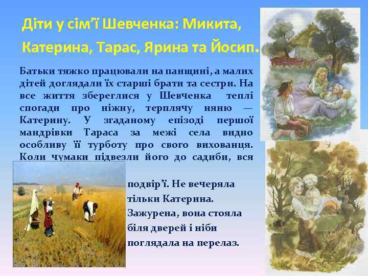 Діти у сім’ї Шевченка: Микита, Катерина, Тарас, Ярина та Йосип. Батьки тяжко працювали на