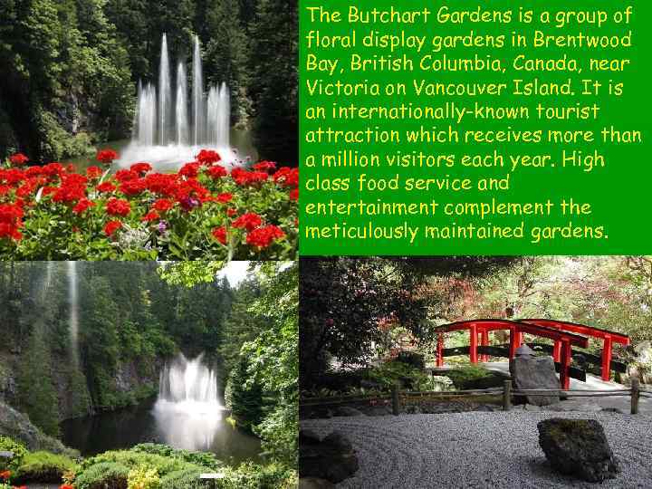 The Butchart Gardens is a group of floral display gardens in Brentwood Bay, British