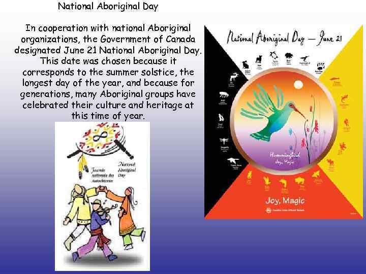 National Aboriginal Day In cooperation with national Aboriginal organizations, the Government of Canada designated