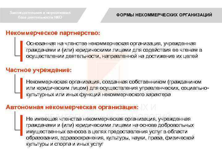 Законодательная и нормативная база деятельности НКО ФОРМЫ НЕКОММЕРЧЕСКИХ ОРГАНИЗАЦИЙ Некоммерческое партнерство: Основанная на членстве
