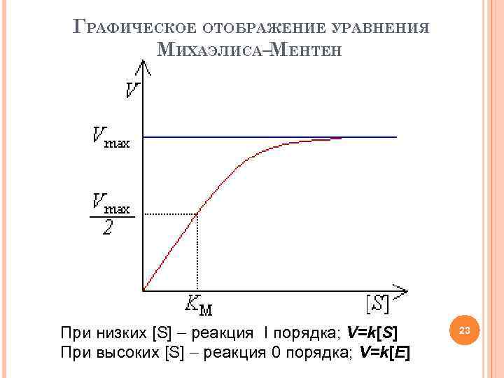 ГРАФИЧЕСКОЕ ОТОБРАЖЕНИЕ УРАВНЕНИЯ МИХАЭЛИСА–МЕНТЕН При низких [S] реакция I порядка; V=k[S] При высоких [S]