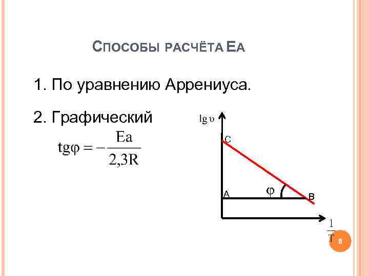 СПОСОБЫ РАСЧЁТА ЕА 1. По уравнению Аррениуса. 2. Графический C A B 8 