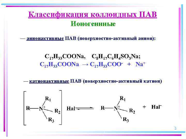 Классификация коллоидных ПАВ Ионогеннные — анионактивные ПАВ (поверхностно активный анион): C 17 H 33