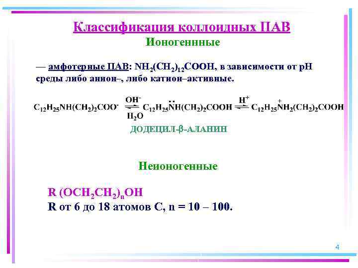 Классификация коллоидных ПАВ Ионогеннные — амфотерные ПАВ: NH 2(CH 2)12 COOH, в зависимости от