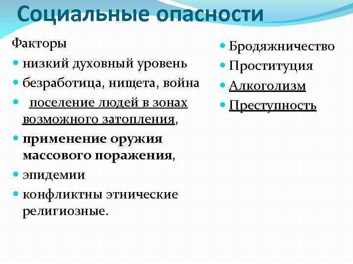 Социальные опасности Факторы низкий духовный уровень безработица, нищета, война поселение людей в зонах возможного