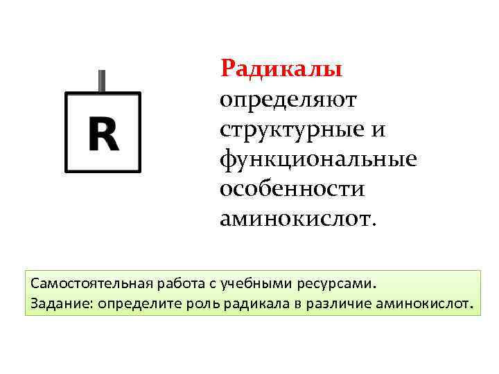 Радикалы определяют структурные и функциональные особенности аминокислот. Самостоятельная работа с учебными ресурсами. Задание: определите