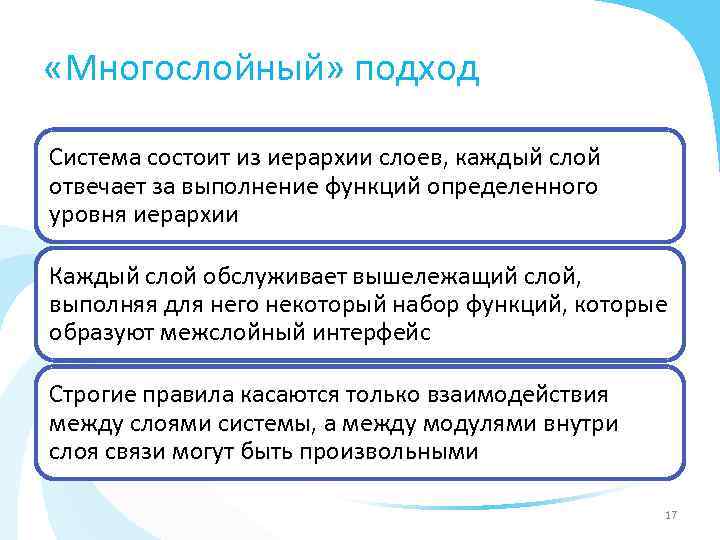  «Многослойный» подход Система состоит из иерархии слоев, каждый слой отвечает за выполнение функций