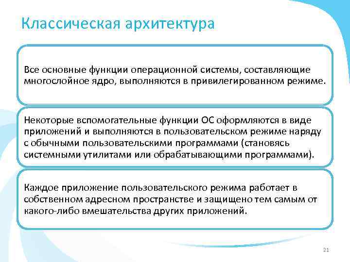 Классическая архитектура Все основные функции операционной системы, составляющие многослойное ядро, выполняются в привилегированном режиме.