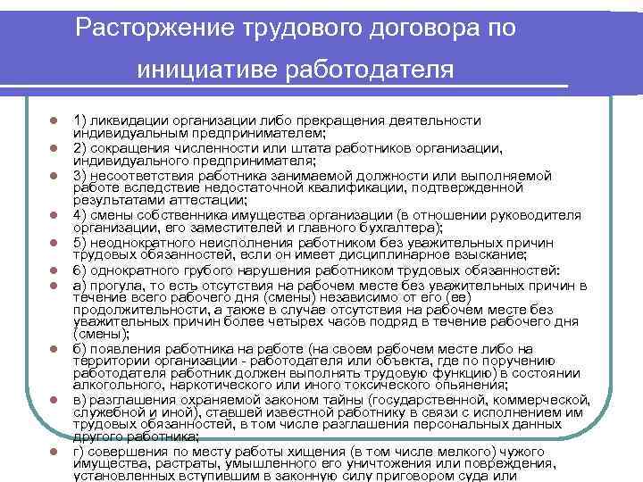 Расторжение трудового договора по инициативе работодателя l l l l l 1) ликвидации организации