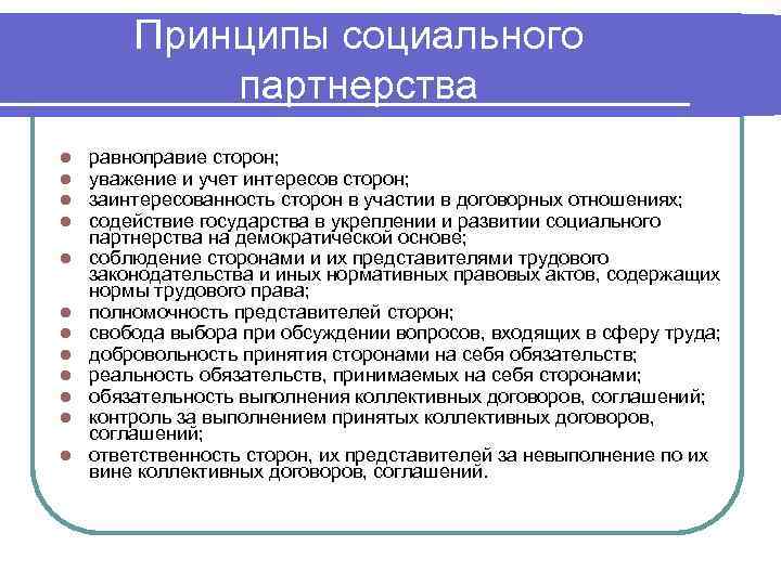 Принципы социального партнерства l l l равноправие сторон; уважение и учет интересов сторон; заинтересованность