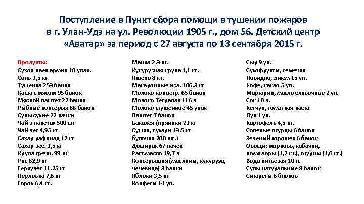 Поступление в Пункт сбора помощи в тушении пожаров в г. Улан-Удэ на ул. Революции