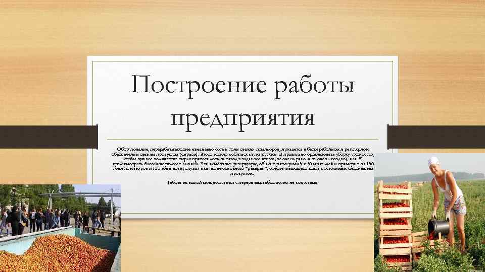 Построение работы предприятия Оборудование, перерабатывающее ежедневно сотни тонн свежих помидоров, нуждается в бесперебойном и