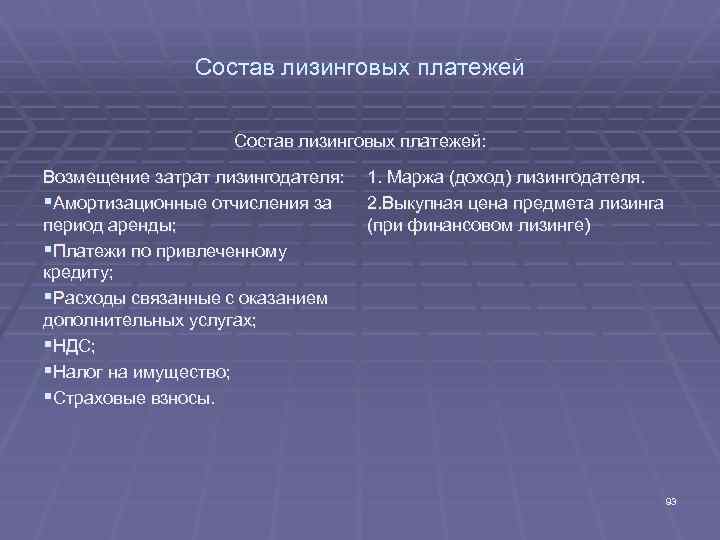 Состав лизинговых платежей: Возмещение затрат лизингодателя: §Амортизационные отчисления за период аренды; §Платежи по привлеченному