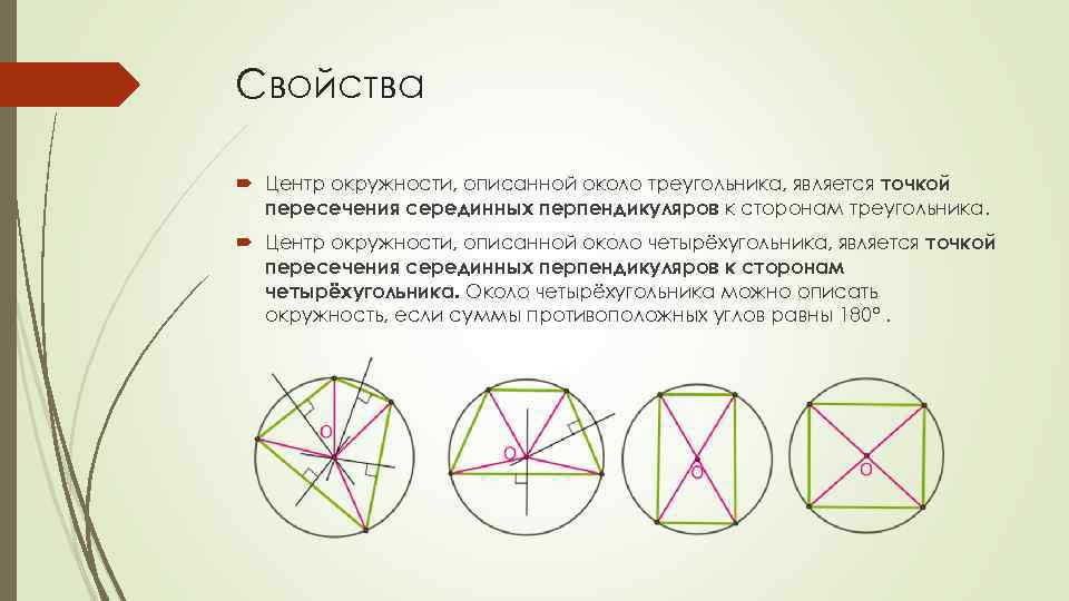 Центром описанной окружности треугольника является точка. Вокруг каких фигур можно описать окружность. Свойства описанной окружности около треугольника. Геометрический центр треугольника. Около каких фигур можно описать окружность.