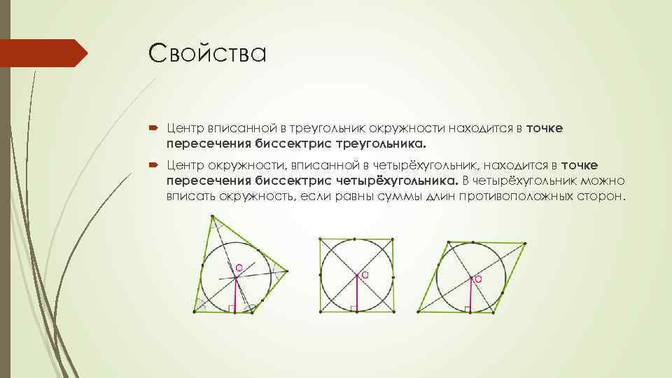 Пересечение биссектрис в треугольнике это центр окружности. Центр вписанной окружности. Центр вписанной окружности четы. Центр вписанной окружности треугольника. Центр окружностиописанной в четырехугольнике.