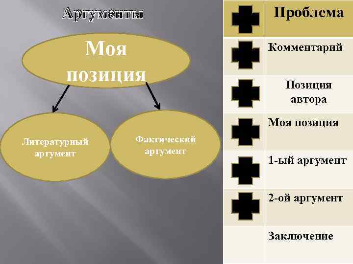 Аргументы Проблема Моя позиция Комментарий Позиция автора Моя позиция Литературный аргумент Фактический аргумент 1