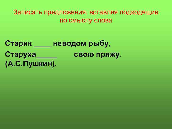 Записать предложения, вставляя подходящие по смыслу слова Старик ____ неводом рыбу, Старуха_____ свою пряжу.