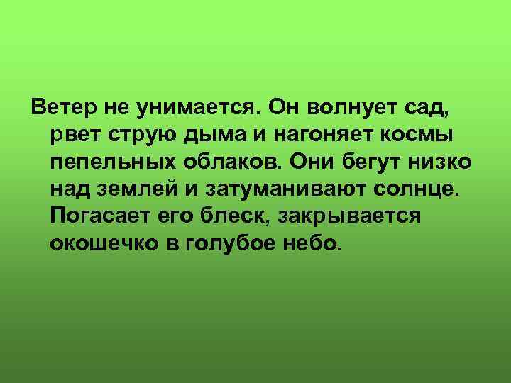 Ветер не унимается. Он волнует сад, рвет струю дыма и нагоняет космы пепельных облаков.
