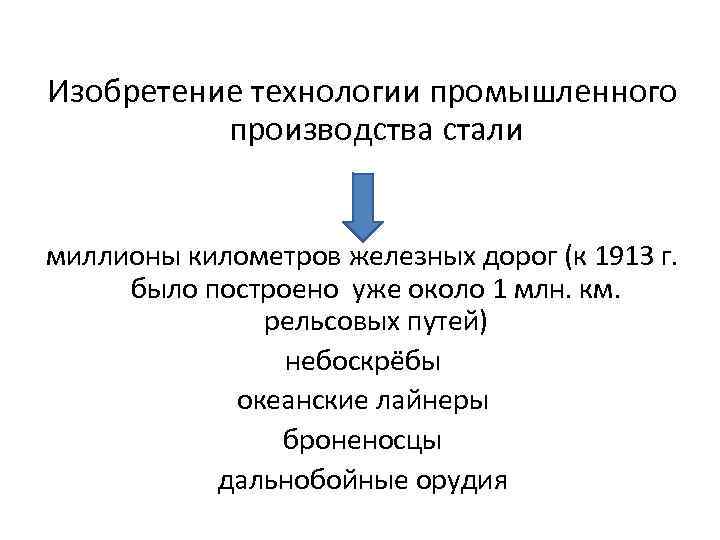 Изобретение технологии промышленного производства стали миллионы километров железных дорог (к 1913 г. было построено