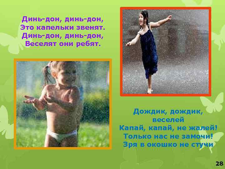 Динь-дон, динь-дон, Это капельки звенят. Динь-дон, динь-дон, Веселят они ребят. Дождик, дождик, веселей Капай,