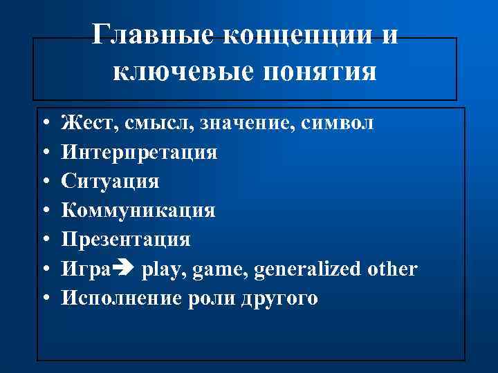 Главные концепции и ключевые понятия • • Жест, смысл, значение, символ Интерпретация Ситуация Коммуникация