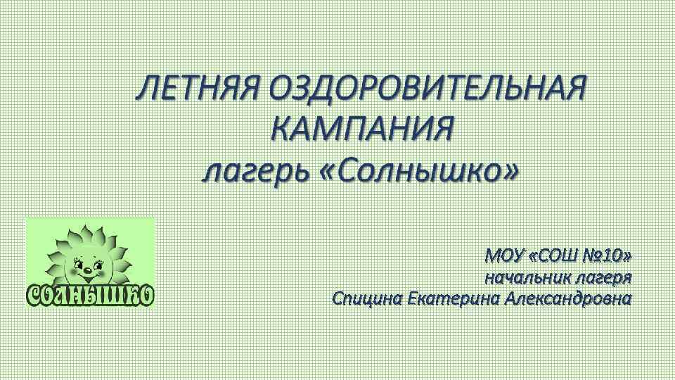 МОУ «СОШ № 10» начальник лагеря Спицина Екатерина Александровна 