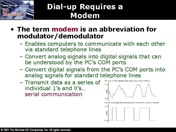 Dial-up Requires a Modem • The term modem is an abbreviation for modulator/demodulator –