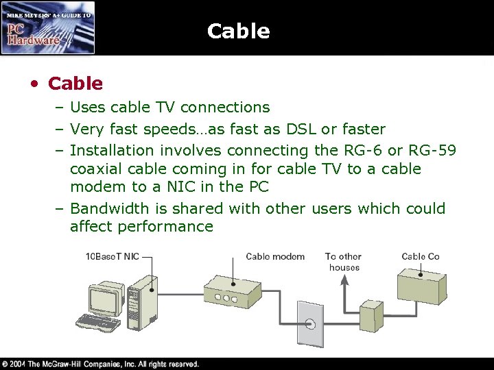 Cable • Cable – Uses cable TV connections – Very fast speeds…as fast as