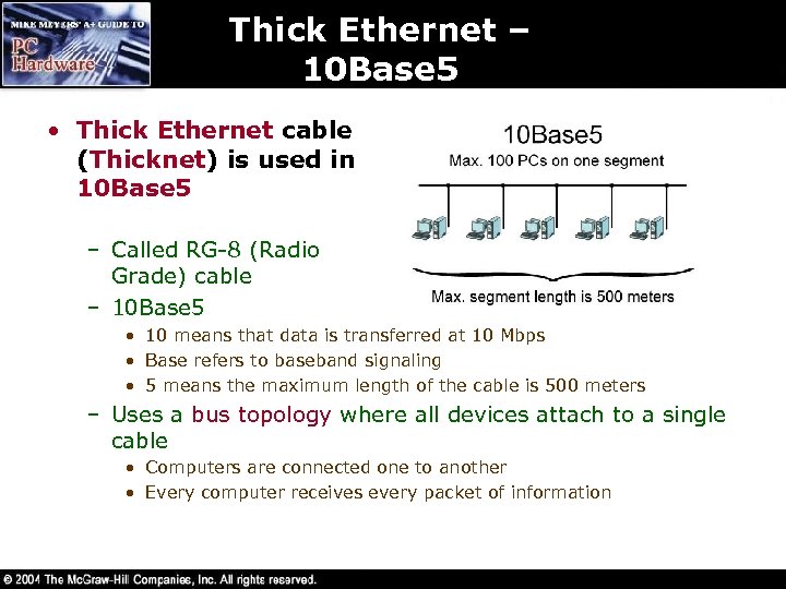 Thick Ethernet – 10 Base 5 • Thick Ethernet cable (Thicknet) is used in