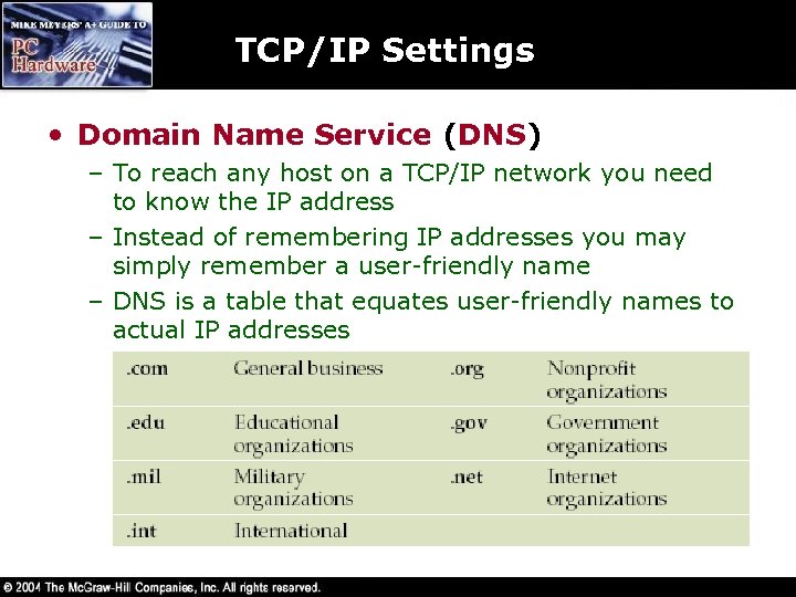 TCP/IP Settings • Domain Name Service (DNS) – To reach any host on a