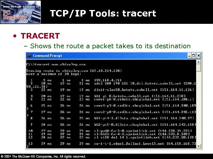 TCP/IP Tools: tracert • TRACERT – Shows the route a packet takes to its