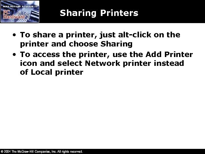 Sharing Printers • To share a printer, just alt-click on the printer and choose