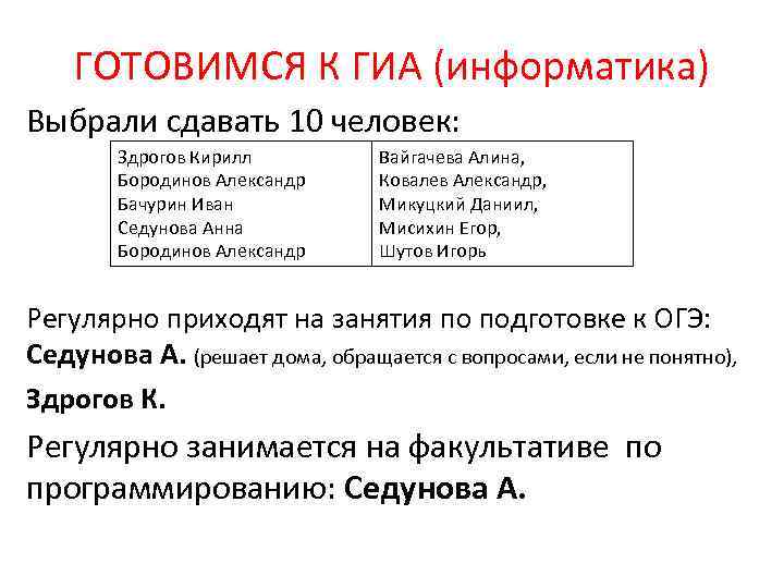 ГОТОВИМСЯ К ГИА (информатика) Выбрали сдавать 10 человек: Здрогов Кирилл Бородинов Александр Бачурин Иван