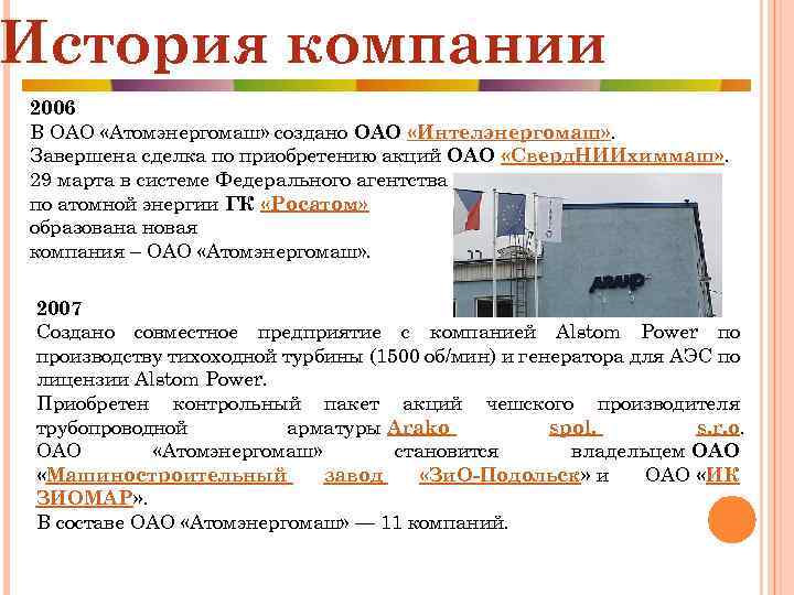 История компании 2006 В ОАО «Атомэнергомаш» создано ОАО «Интелэнергомаш» . Завершена сделка по приобретению