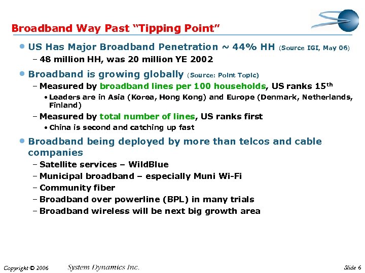 Broadband Way Past “Tipping Point” • US Has Major Broadband Penetration ~ 44% HH