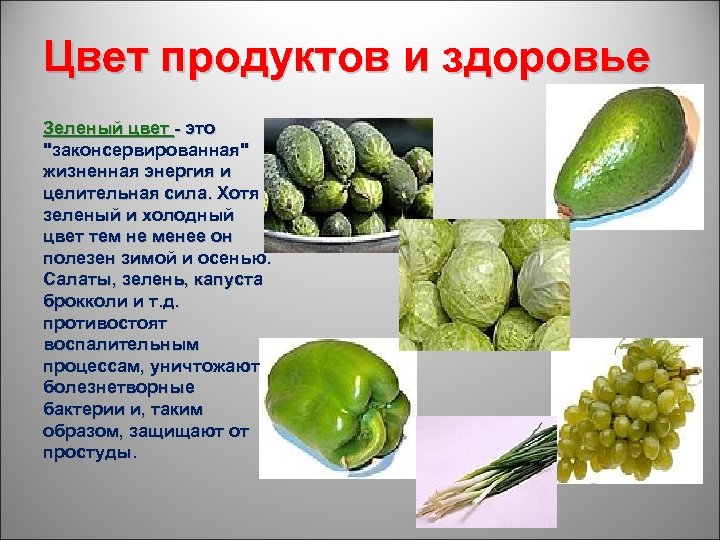 Цвет продуктов и здоровье Зеленый цвет - это 