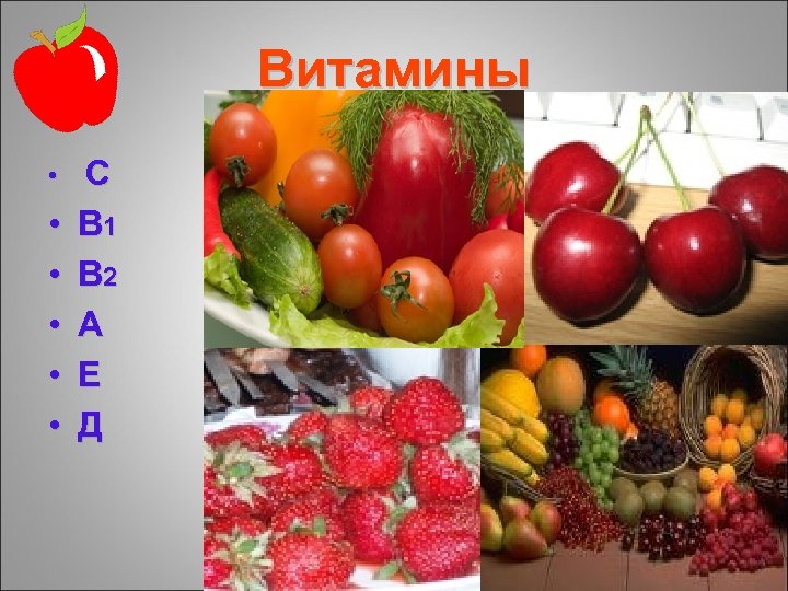 Витамины • • • С В 1 В 2 А Е Д 